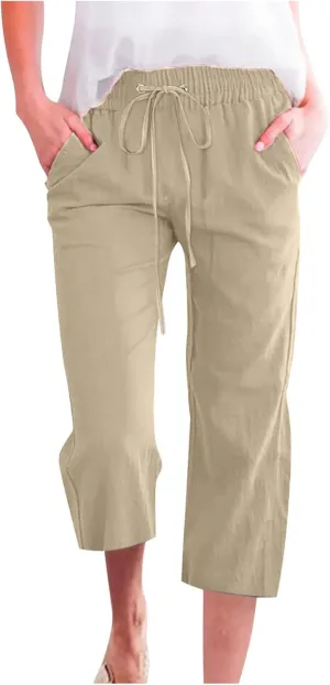 Capri Pants for Women 2025 Summer Casual Cotton Linen Capris Baggy Drawstring Elastic Waist Straight Leg Cropped Trousers