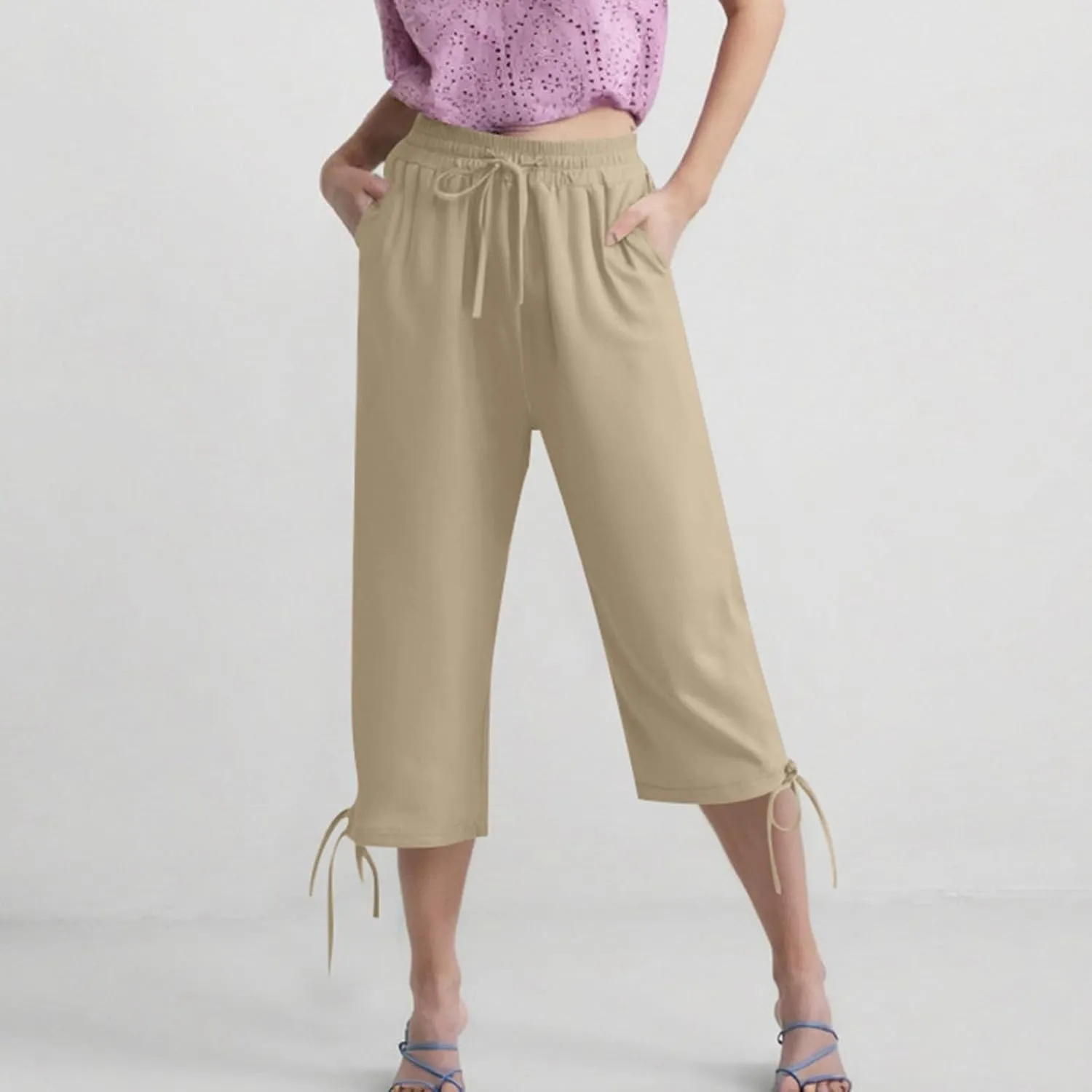 Capri Pants for Women 2025 Summer Drawstring High Waist Linen Pant Casual Straight Wide Leg Cropped Trouser Pockets
