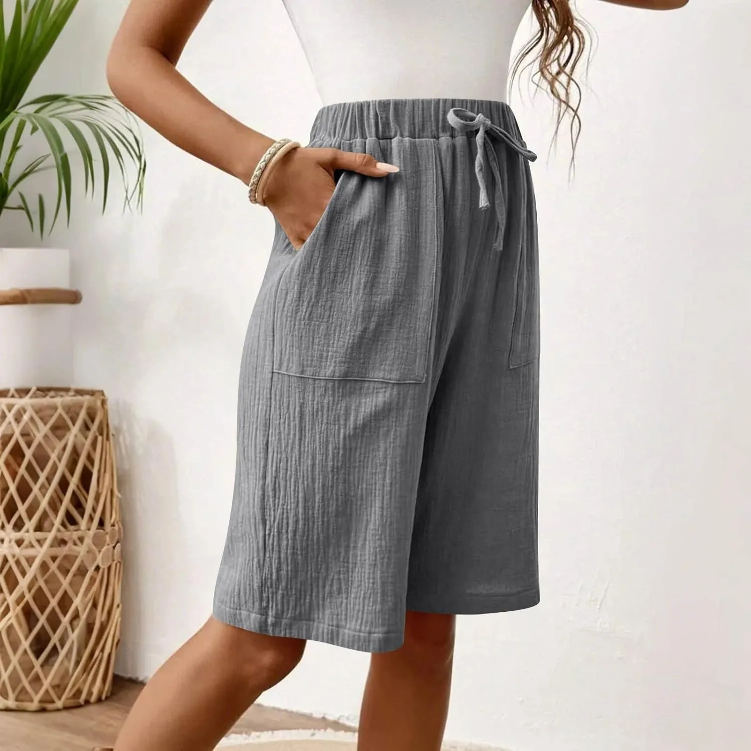 Capri Pants for Women Casual Summer Drawstring Elastic Waist Linen Pant Straight Wide Leg Pocket Cropped Trouser