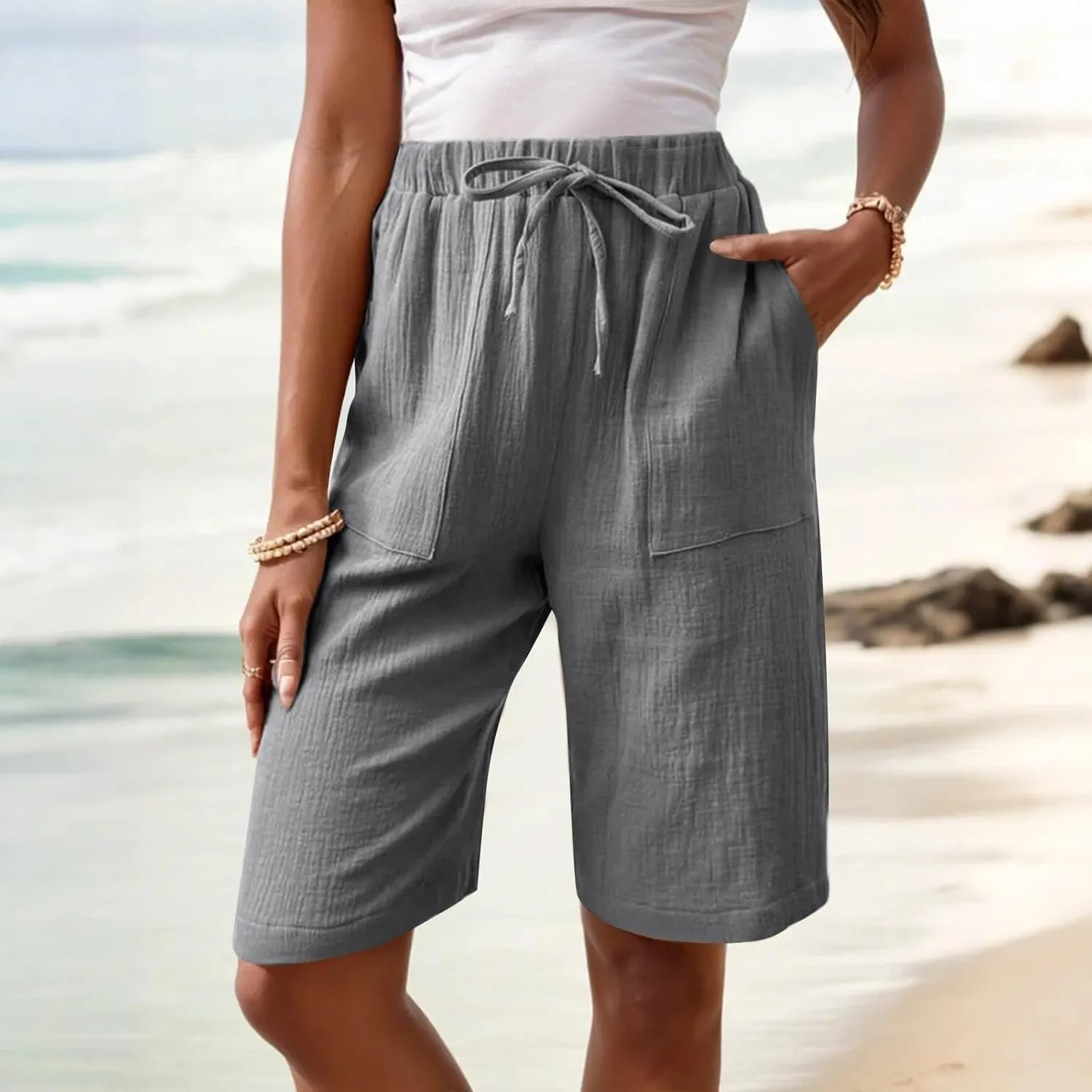 Capri Pants for Women Casual Summer Drawstring Elastic Waist Linen Pant Straight Wide Leg Pocket Cropped Trouser