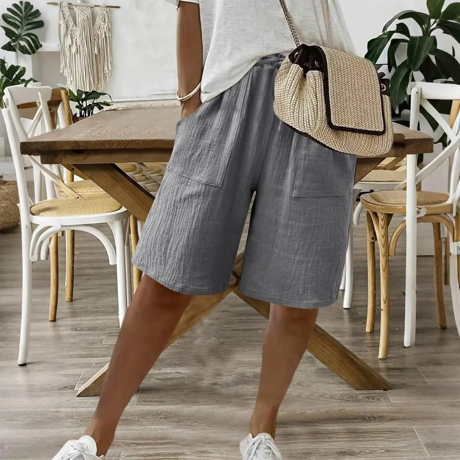 Capri Pants for Women Casual Summer Drawstring Elastic Waist Linen Pant Straight Wide Leg Pocket Cropped Trouser