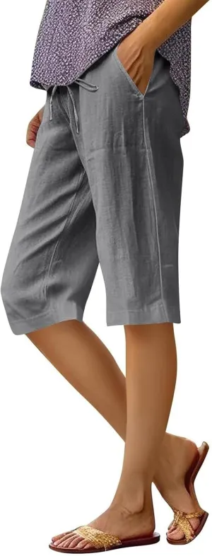 Capri Pants for Women Casual Summer Drawstring Elastic Waist Linen Pant Straight Wide Leg Pocket Cropped Trouser