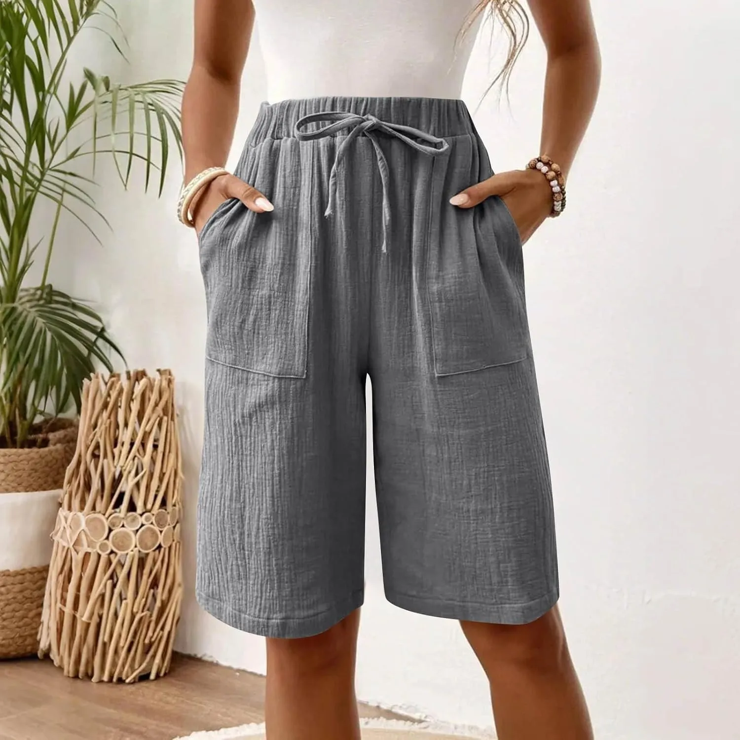Capri Pants for Women Casual Summer Drawstring Elastic Waist Linen Pant Straight Wide Leg Pocket Cropped Trouser