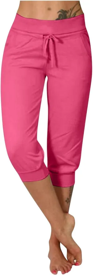Capri Pants for Women Casual Summer Petite Short Jogger Sweatpants Drawstring Cropped Trouser Capri Leggings Plus Size