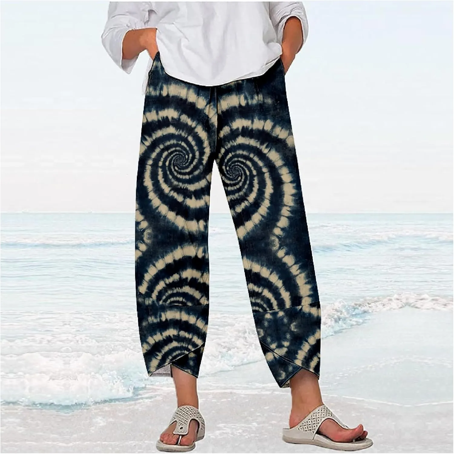 Capri Pants for Women Casual Summer Printed Cropped Linen Blend Dressy Baggy Trousers with Pockets Lounge Pants