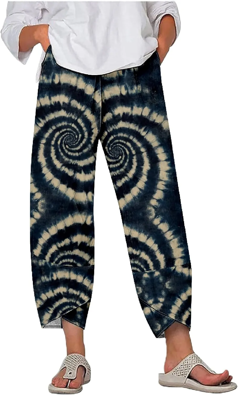 Capri Pants for Women Casual Summer Printed Cropped Linen Blend Dressy Baggy Trousers with Pockets Lounge Pants