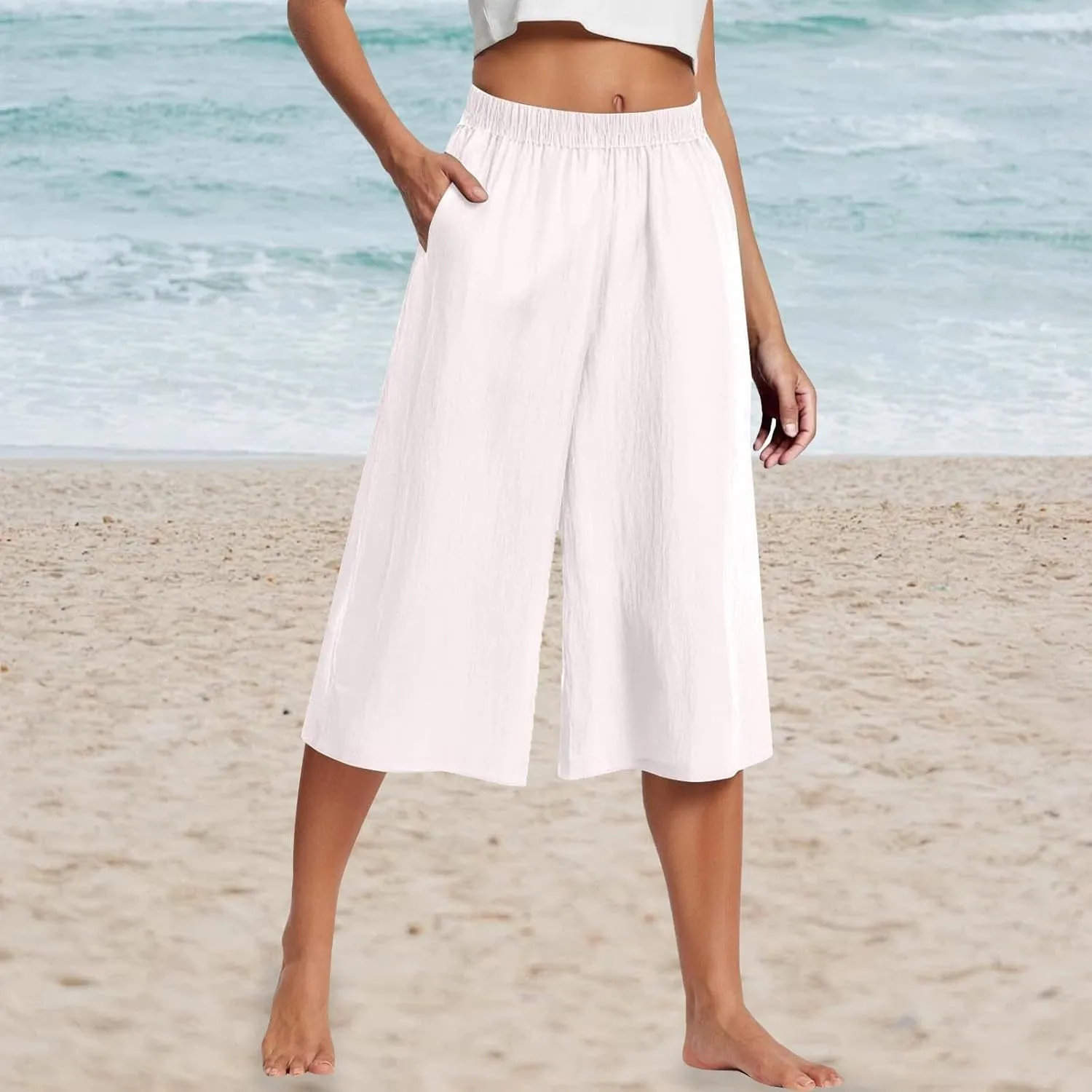Capri Pants for Women High Waisted Wide Leg Linen Palazzo Trousers Pull On Elastic Smock Waist Loose Flowy Pants