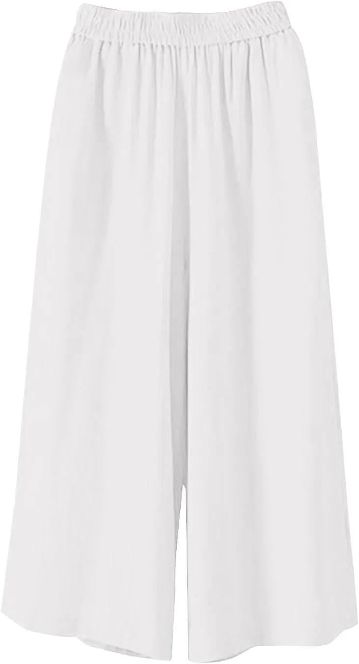 Capri Pants for Women High Waisted Wide Leg Linen Palazzo Trousers Pull On Elastic Smock Waist Loose Flowy Pants