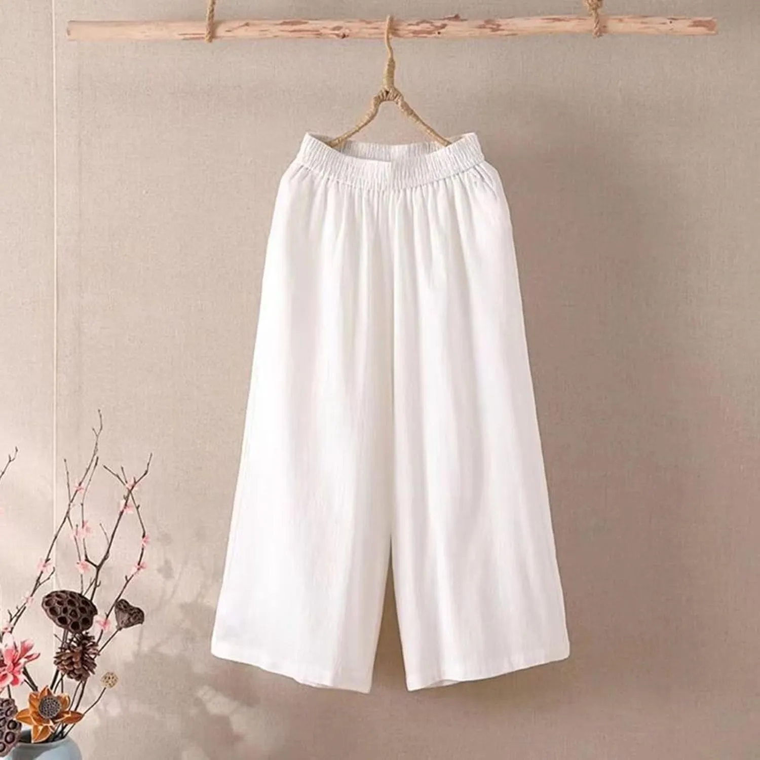 Capri Pants for Women High Waisted Wide Leg Linen Palazzo Trousers Pull On Elastic Smock Waist Loose Flowy Pants
