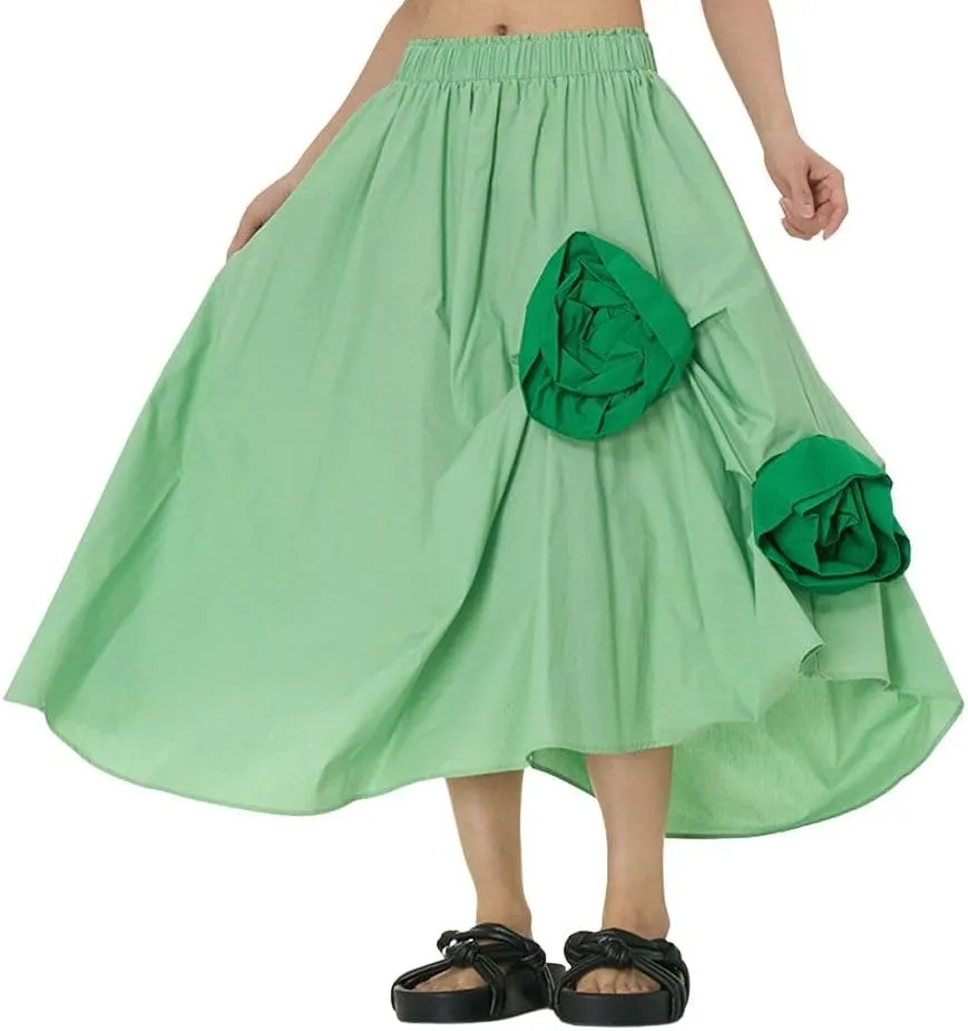 chouyatou Women's Cute 3D Floral Applique Baggy Skirt Elastic Waist Irregular Swing Midi Long Skirt with Pockets