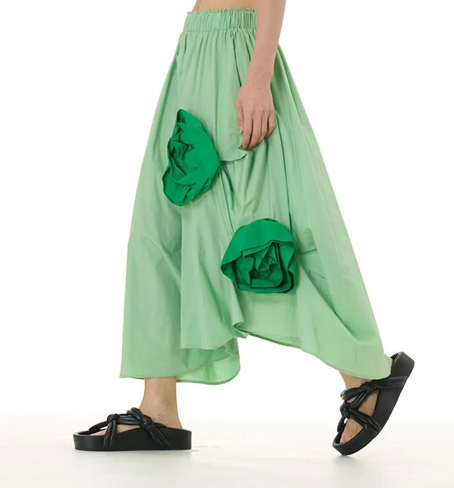chouyatou Women's Cute 3D Floral Applique Baggy Skirt Elastic Waist Irregular Swing Midi Long Skirt with Pockets