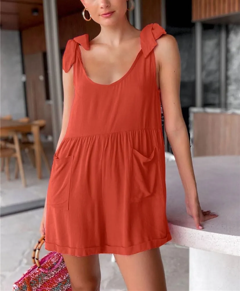 chouyatou Women's Wide leg Romper Shorts Sexy Tie Knot Strap Sleeveless Boho Jumpsuit Overall Pants
