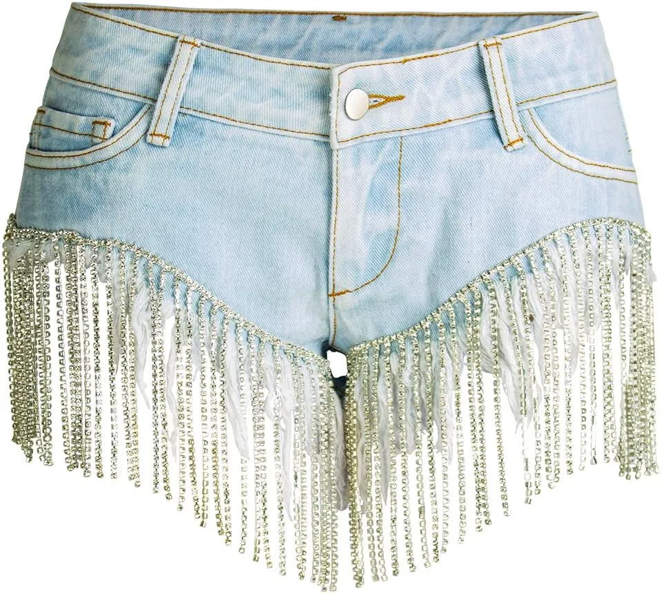COMLIFE Summer Women's Jean Shorts Tassels Wide Leg Rhinestone Fringe Sexy Denim Short Jeans