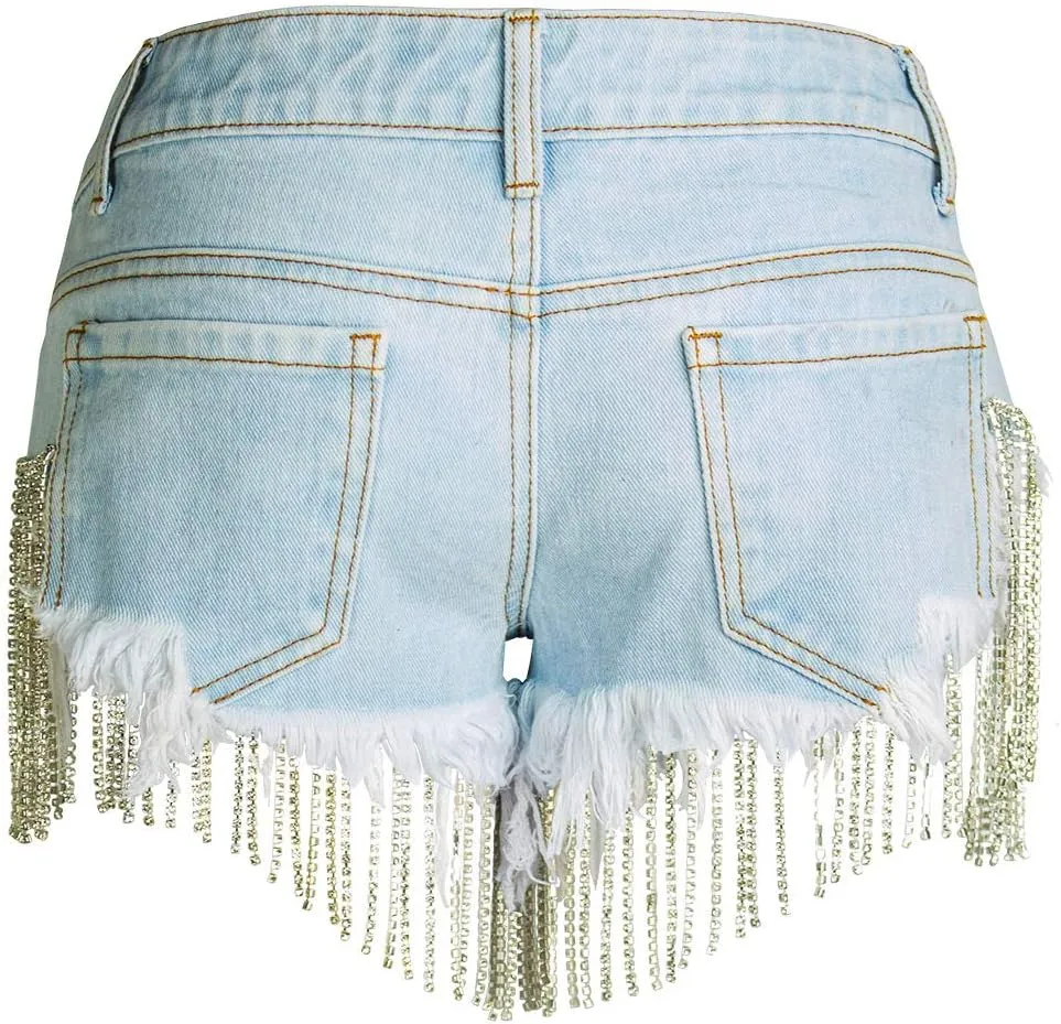 COMLIFE Summer Women's Jean Shorts Tassels Wide Leg Rhinestone Fringe Sexy Denim Short Jeans
