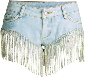 COMLIFE Summer Women's Jean Shorts Tassels Wide Leg Rhinestone Fringe Sexy Denim Short Jeans