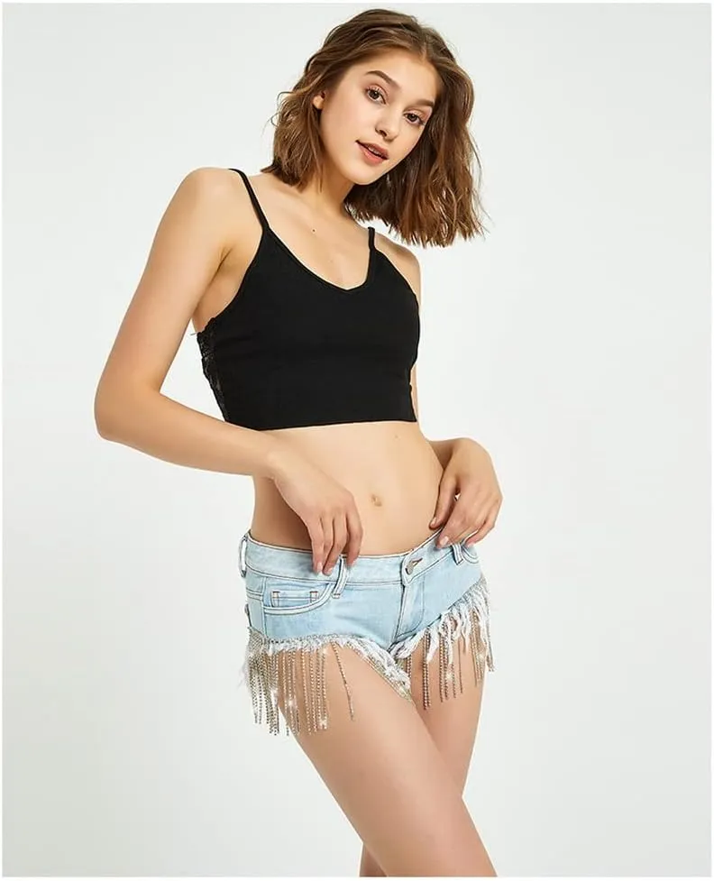 COMLIFE Summer Women's Jean Shorts Tassels Wide Leg Rhinestone Fringe Sexy Denim Short Jeans
