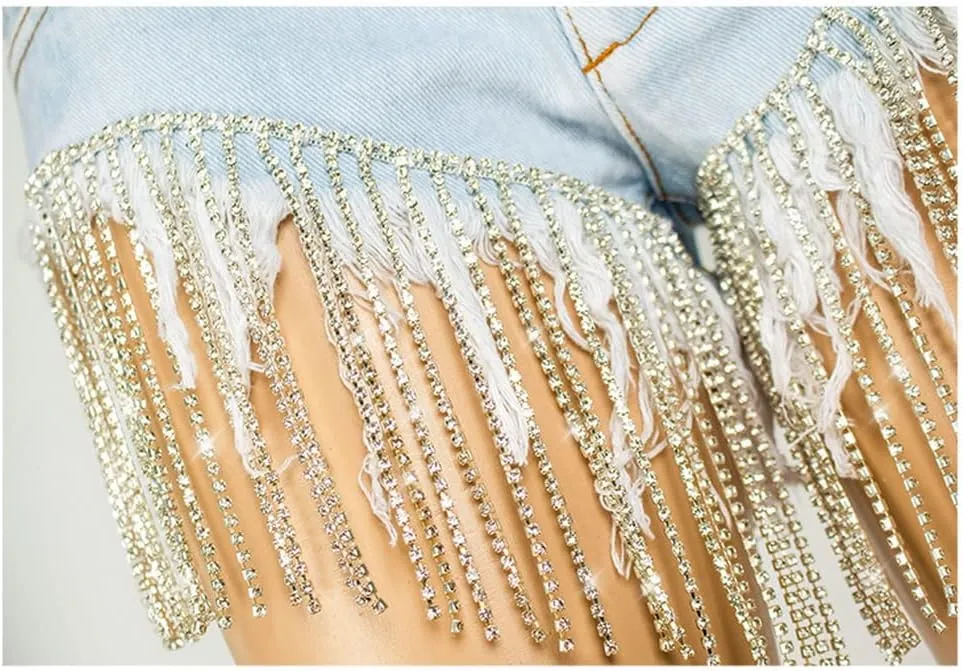 COMLIFE Summer Women's Jean Shorts Tassels Wide Leg Rhinestone Fringe Sexy Denim Short Jeans