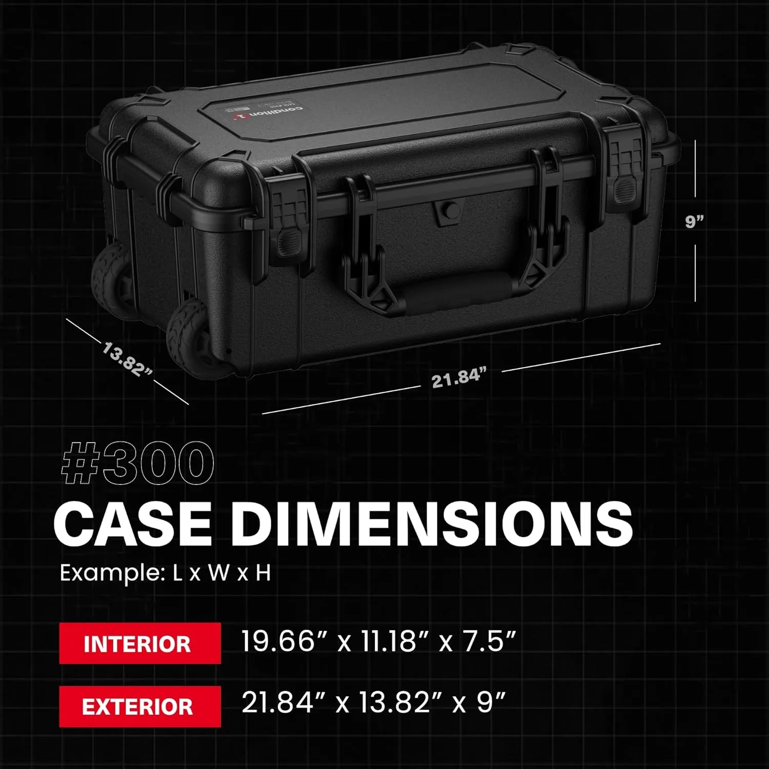 Condition 1 22" Large Rolling Lockable Hard Storage Case with Foam, Model 300, Waterproof Protective Box for Camera, Tactical, Scientific Gear, Made in USA, 21.84"x13.82"x9" Black