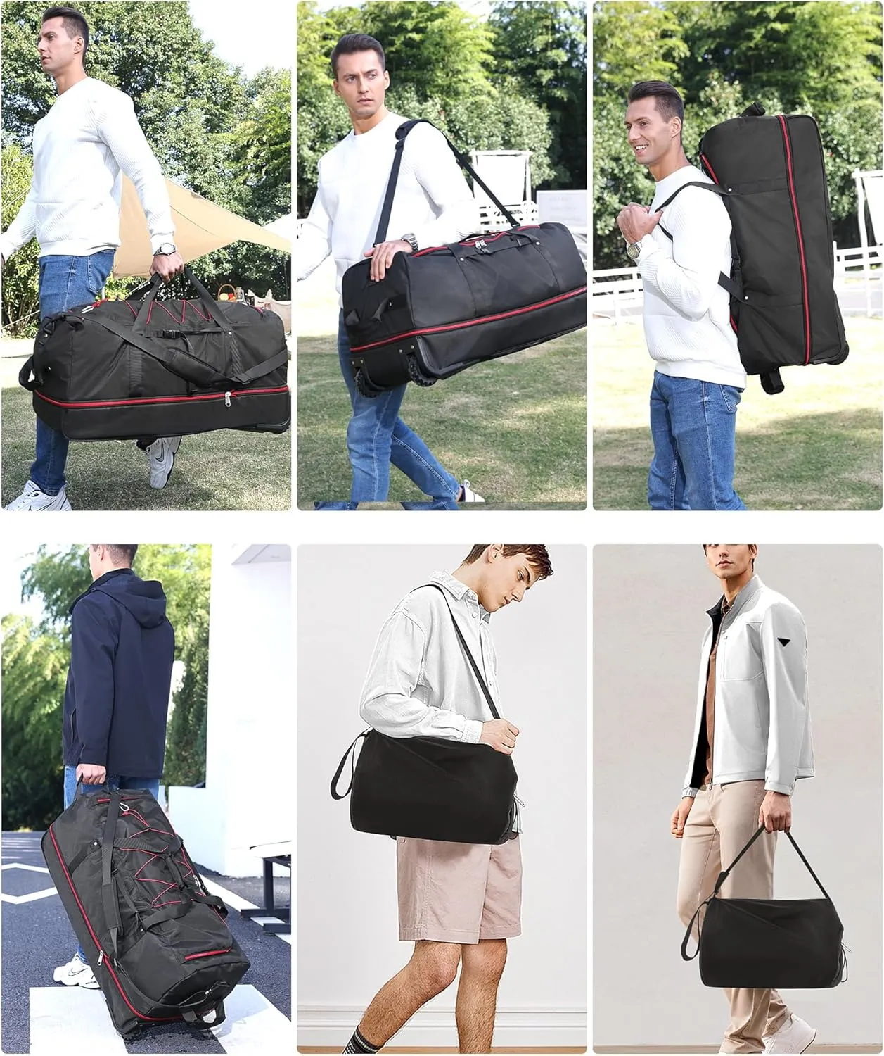 CONTAIL 32 Soft-side 110L Expandable 140L Rolling Duffle Bag with 2 Inline Wheels,Convertible Weekend Travel Bag with Bungee-Cord System,Black-red