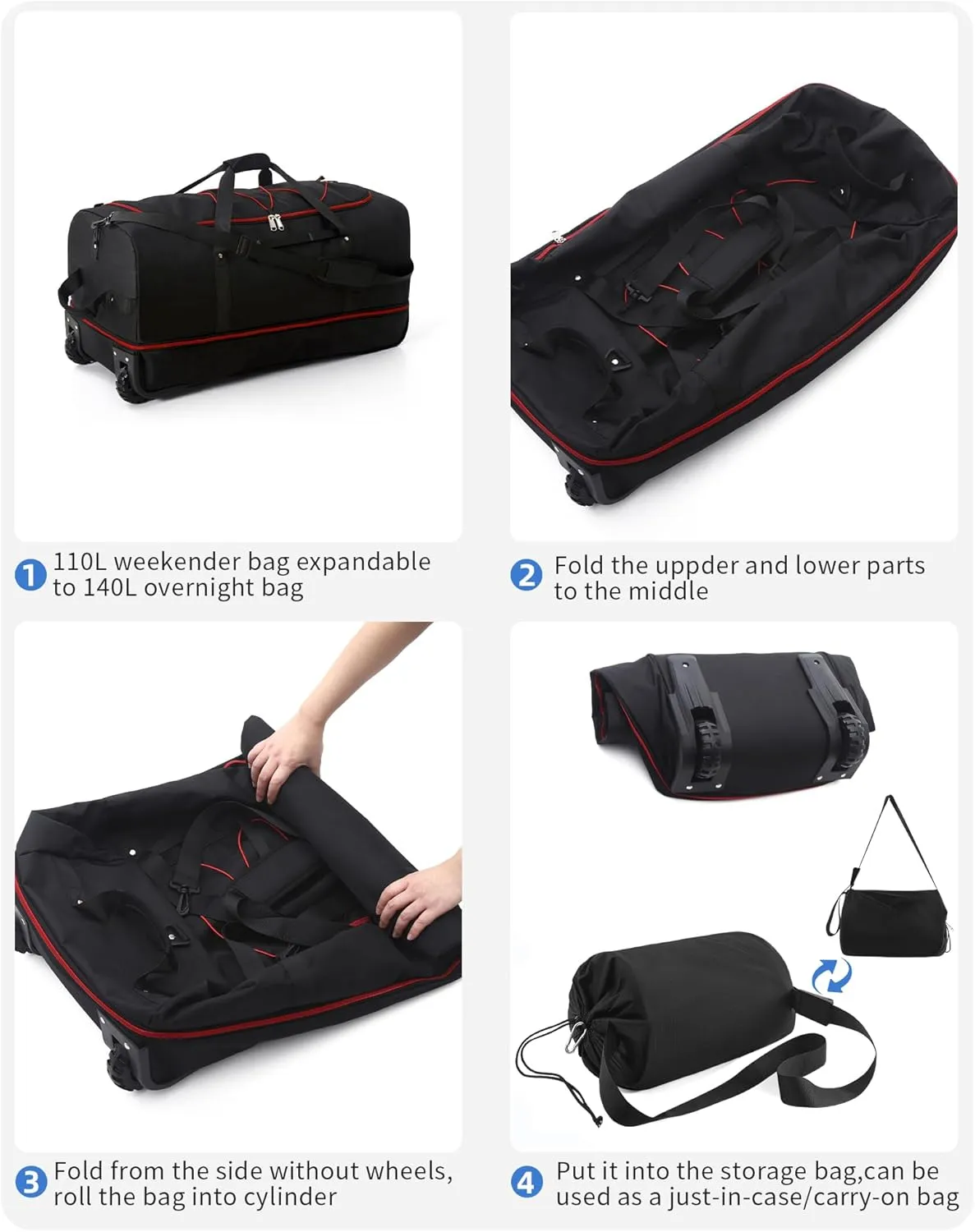 CONTAIL 32 Soft-side 110L Expandable 140L Rolling Duffle Bag with 2 Inline Wheels,Convertible Weekend Travel Bag with Bungee-Cord System,Black-red