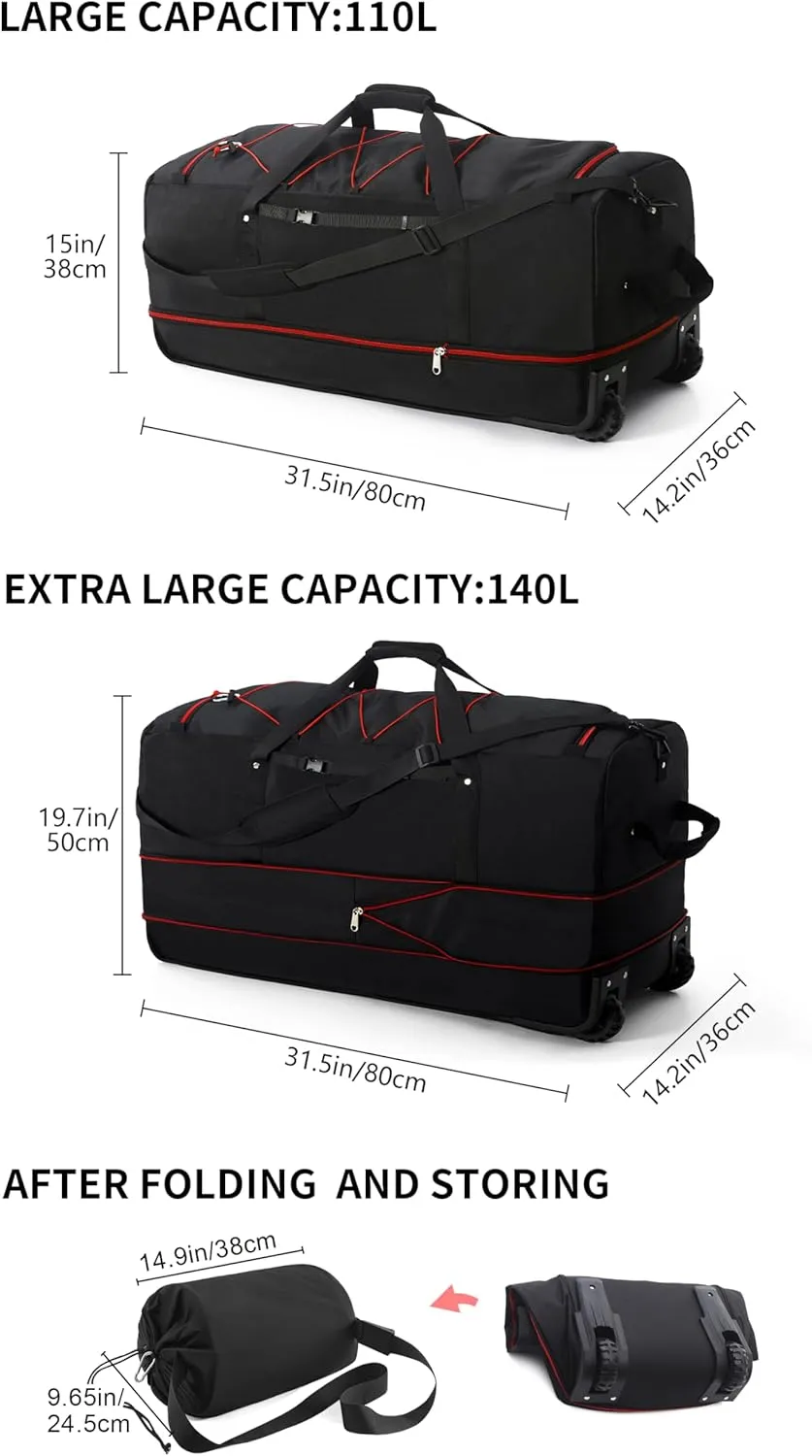 CONTAIL 32 Soft-side 110L Expandable 140L Rolling Duffle Bag with 2 Inline Wheels,Convertible Weekend Travel Bag with Bungee-Cord System,Black-red