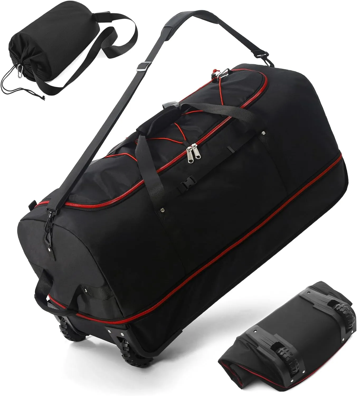 CONTAIL 32 Soft-side 110L Expandable 140L Rolling Duffle Bag with 2 Inline Wheels,Convertible Weekend Travel Bag with Bungee-Cord System,Black-red