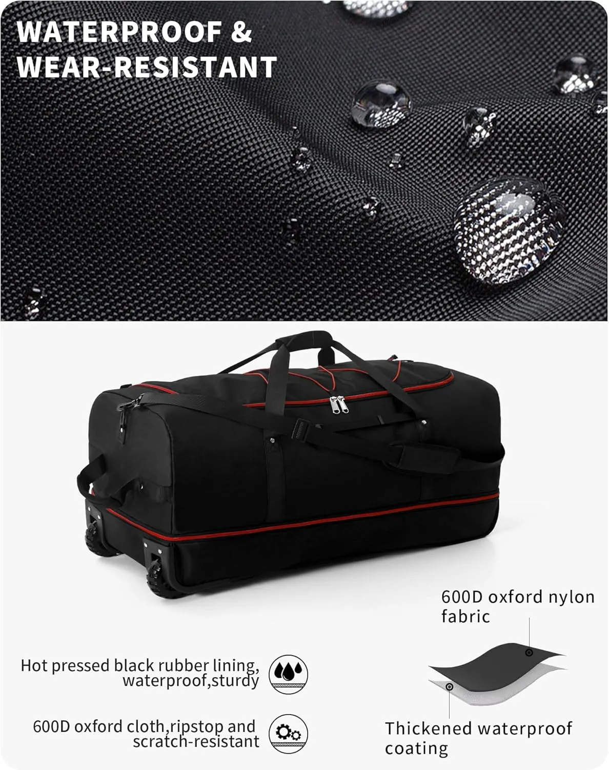 CONTAIL 32 Soft-side 110L Expandable 140L Rolling Duffle Bag with 2 Inline Wheels,Convertible Weekend Travel Bag with Bungee-Cord System,Black-red