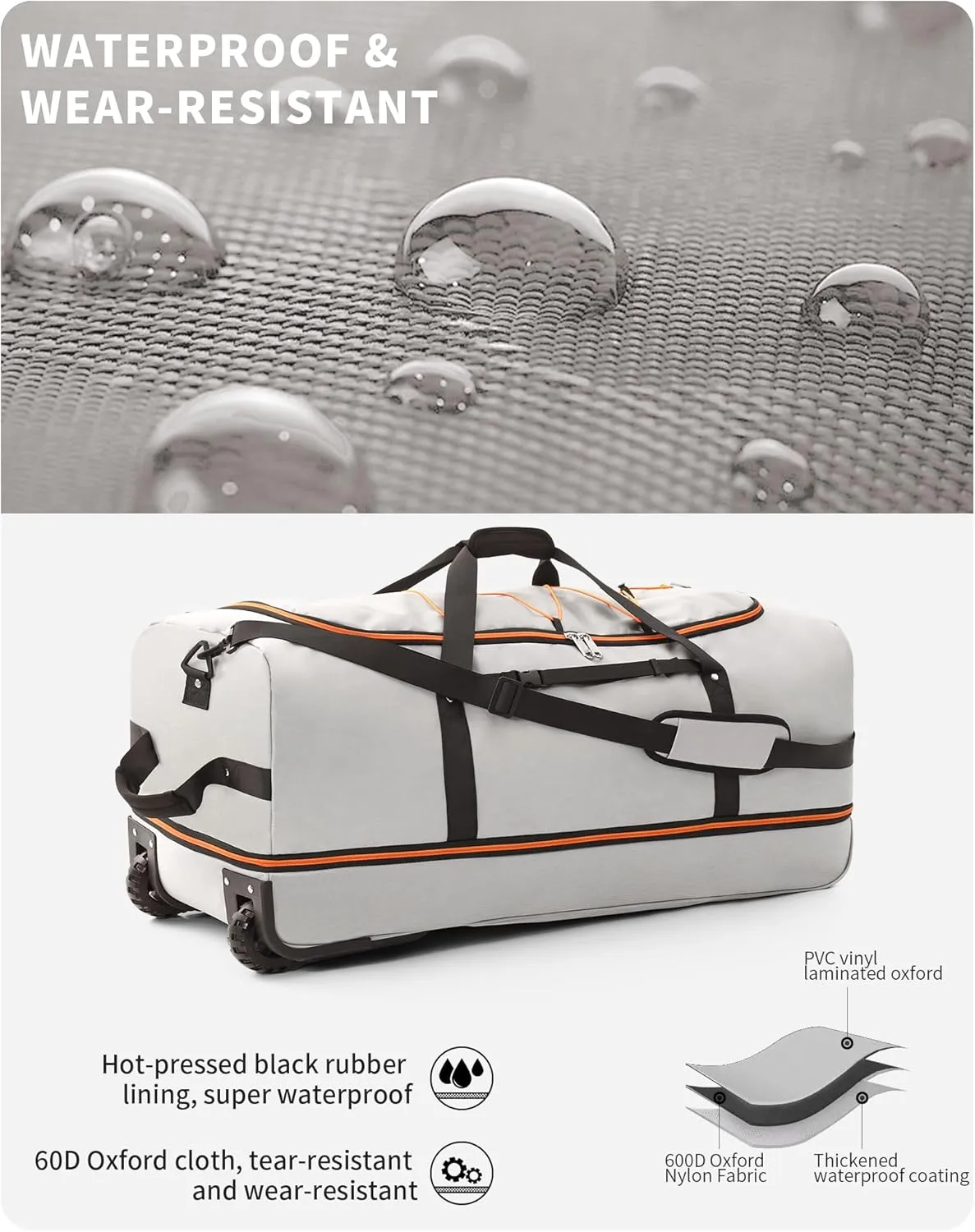 CONTAIL 32 Soft-side 110L Expandable 140L Rolling Duffle Bag with 2 Inline Wheels,Convertible Weekend Travel Bag with Bungee-Cord System,Grey