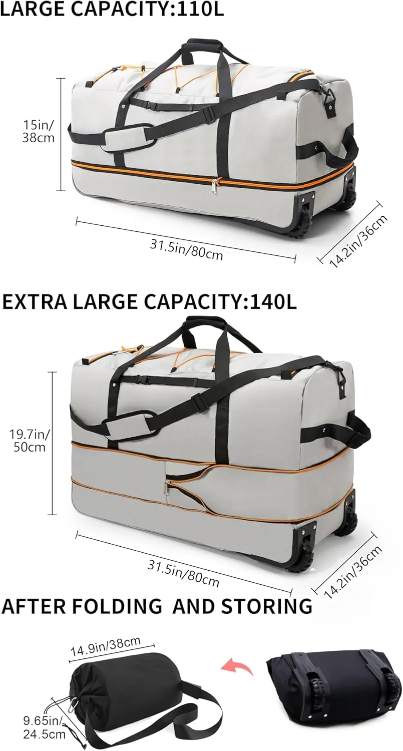 CONTAIL 32 Soft-side 110L Expandable 140L Rolling Duffle Bag with 2 Inline Wheels,Convertible Weekend Travel Bag with Bungee-Cord System,Grey