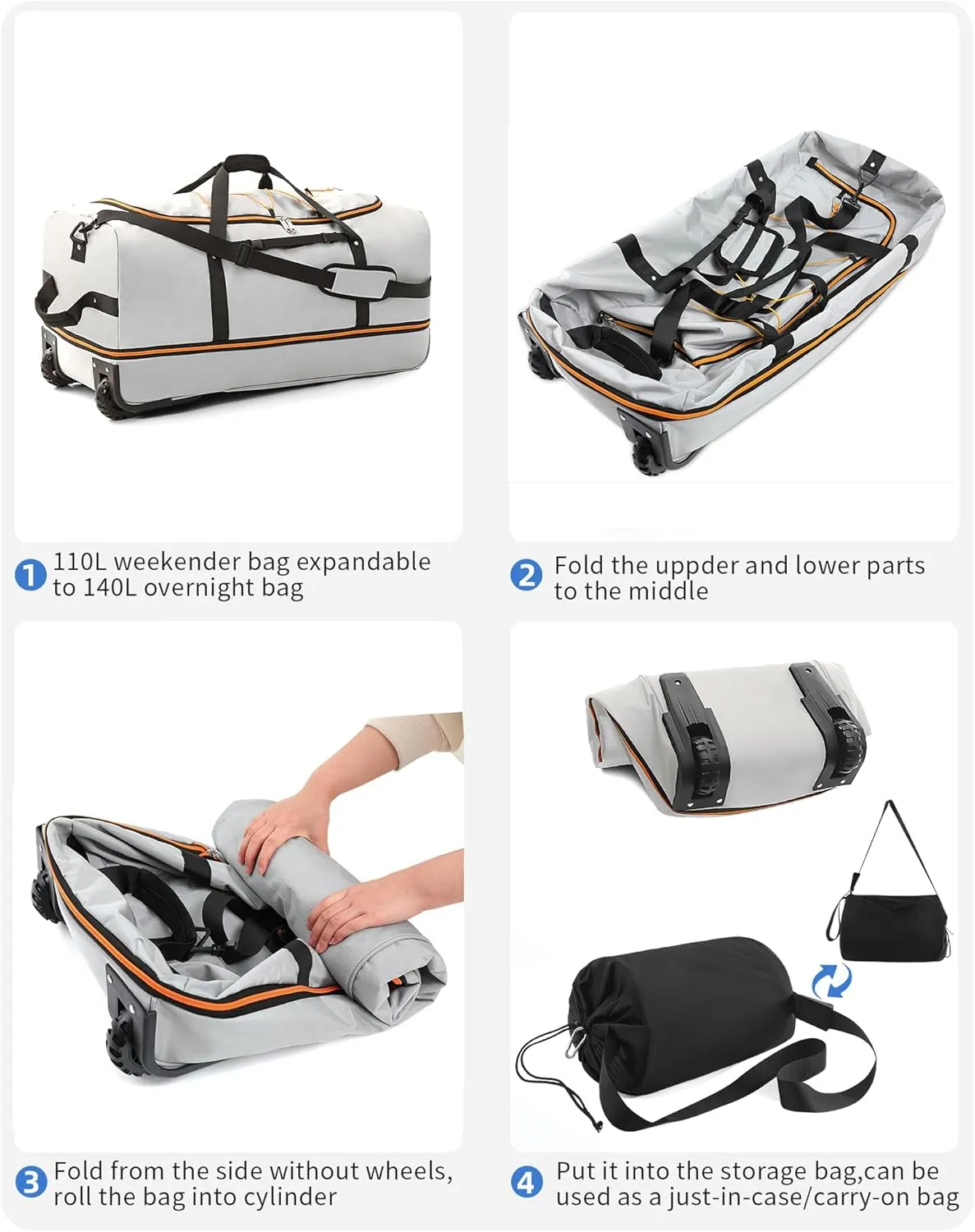 CONTAIL 32 Soft-side 110L Expandable 140L Rolling Duffle Bag with 2 Inline Wheels,Convertible Weekend Travel Bag with Bungee-Cord System,Grey