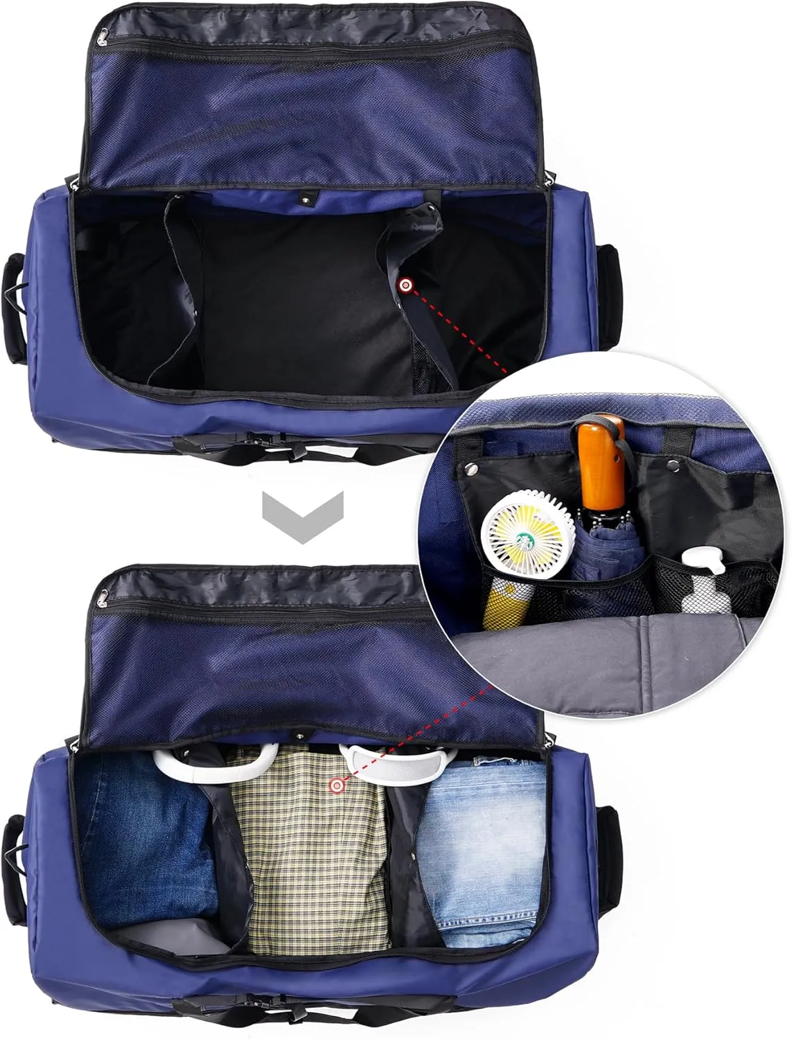 CONTAIL 32 Soft-side 110L Expandable 140L Rolling Duffle Bag with 2 Inline Wheels,Convertible Weekend Travel Bag with Bungee-Cord System,Navy