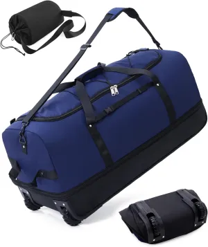 CONTAIL 32 Soft-side 110L Expandable 140L Rolling Duffle Bag with 2 Inline Wheels,Convertible Weekend Travel Bag with Bungee-Cord System,Navy