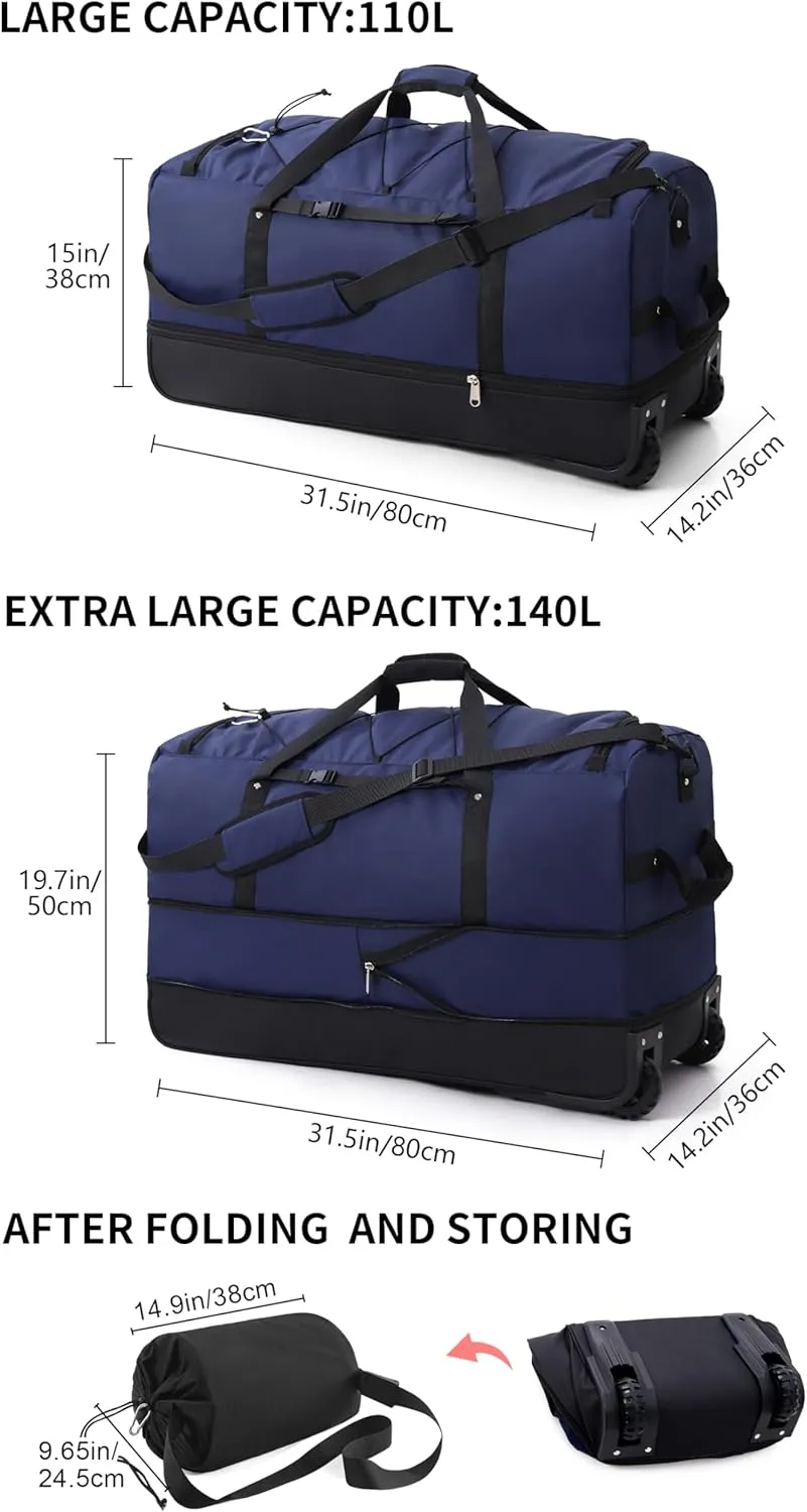 CONTAIL 32 Soft-side 110L Expandable 140L Rolling Duffle Bag with 2 Inline Wheels,Convertible Weekend Travel Bag with Bungee-Cord System,Navy
