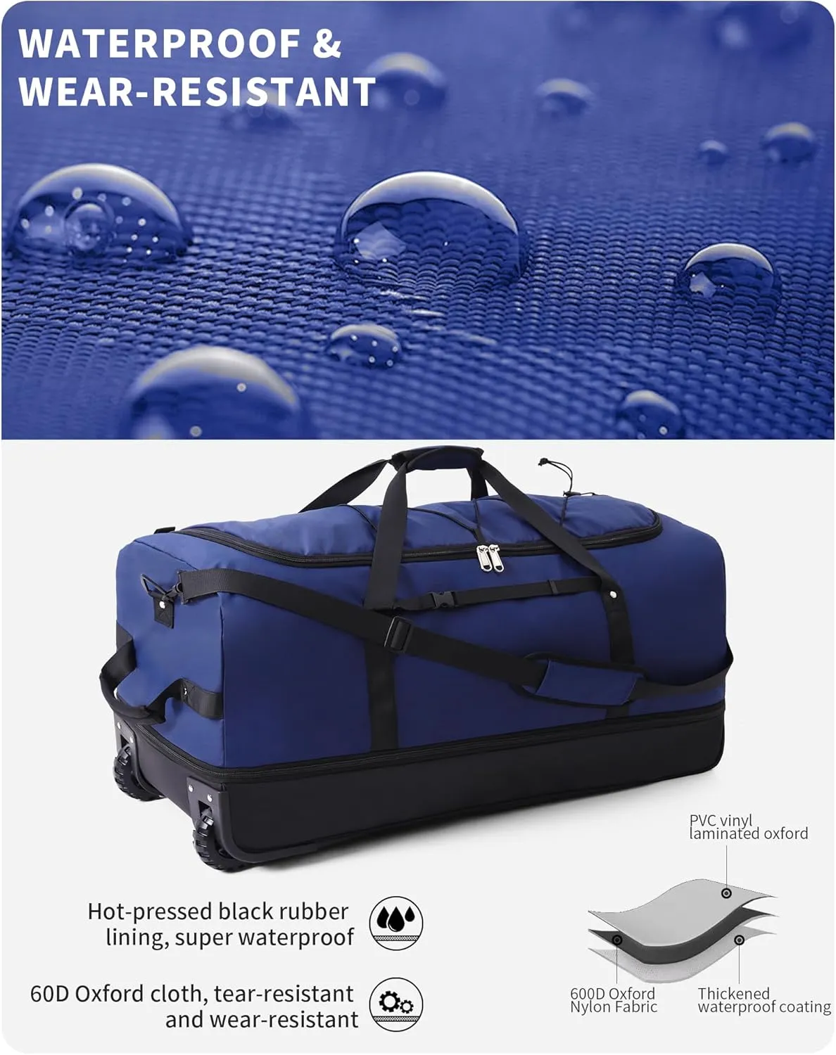 CONTAIL 32 Soft-side 110L Expandable 140L Rolling Duffle Bag with 2 Inline Wheels,Convertible Weekend Travel Bag with Bungee-Cord System,Navy