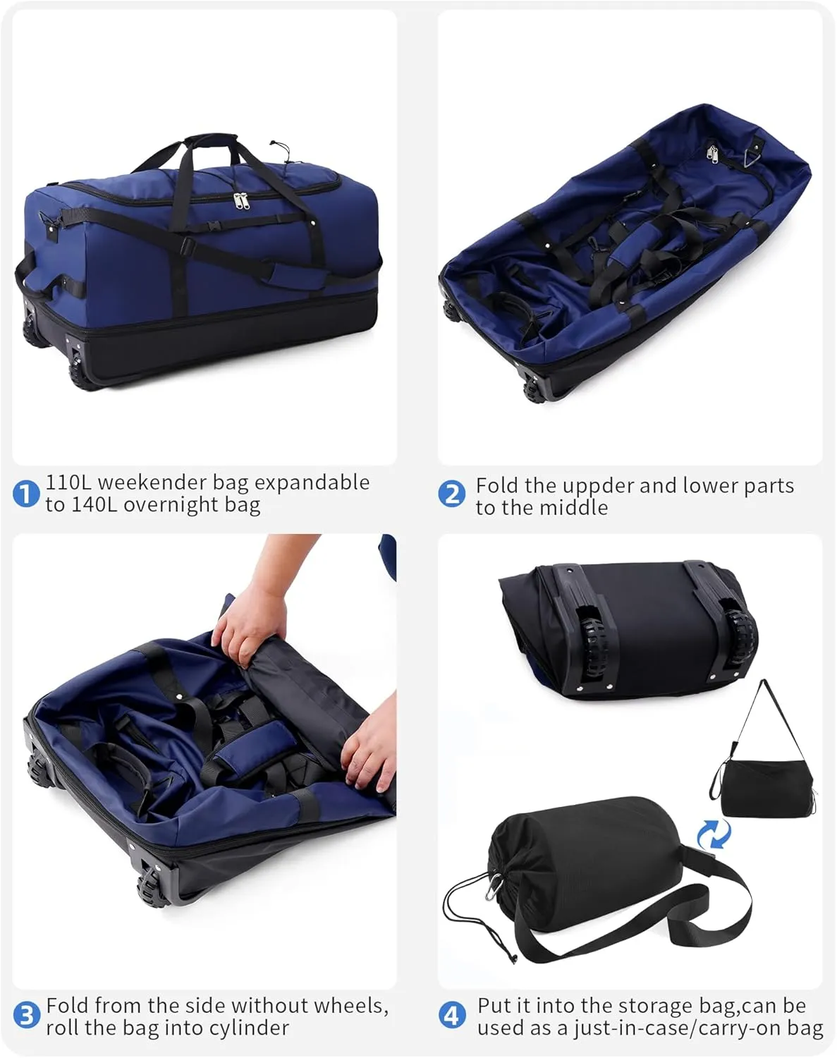 CONTAIL 32 Soft-side 110L Expandable 140L Rolling Duffle Bag with 2 Inline Wheels,Convertible Weekend Travel Bag with Bungee-Cord System,Navy