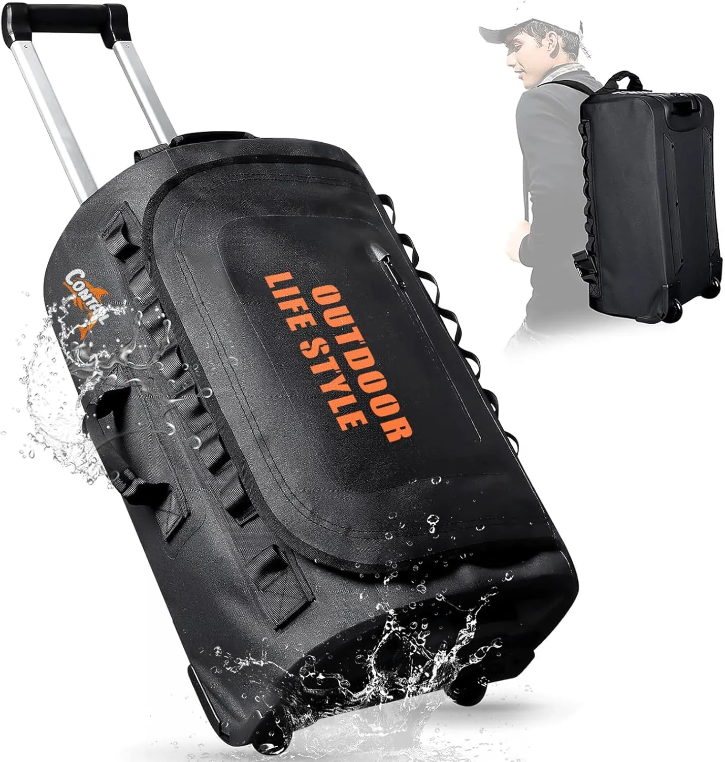 CONTAIL 95L Wheeled Dive Bag with Telescopic Double-Bar Tow Handle,Carry Handles and Detachable Backpack Straps for Scuba Diving Gear,Black