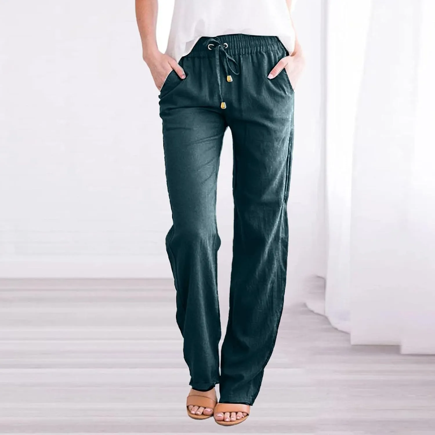 Cotton Linen Pants for Women Printed Capri Pant Plus Size Wide Leg Sweatpants Summer Cropped Elastic Waist Trousers
