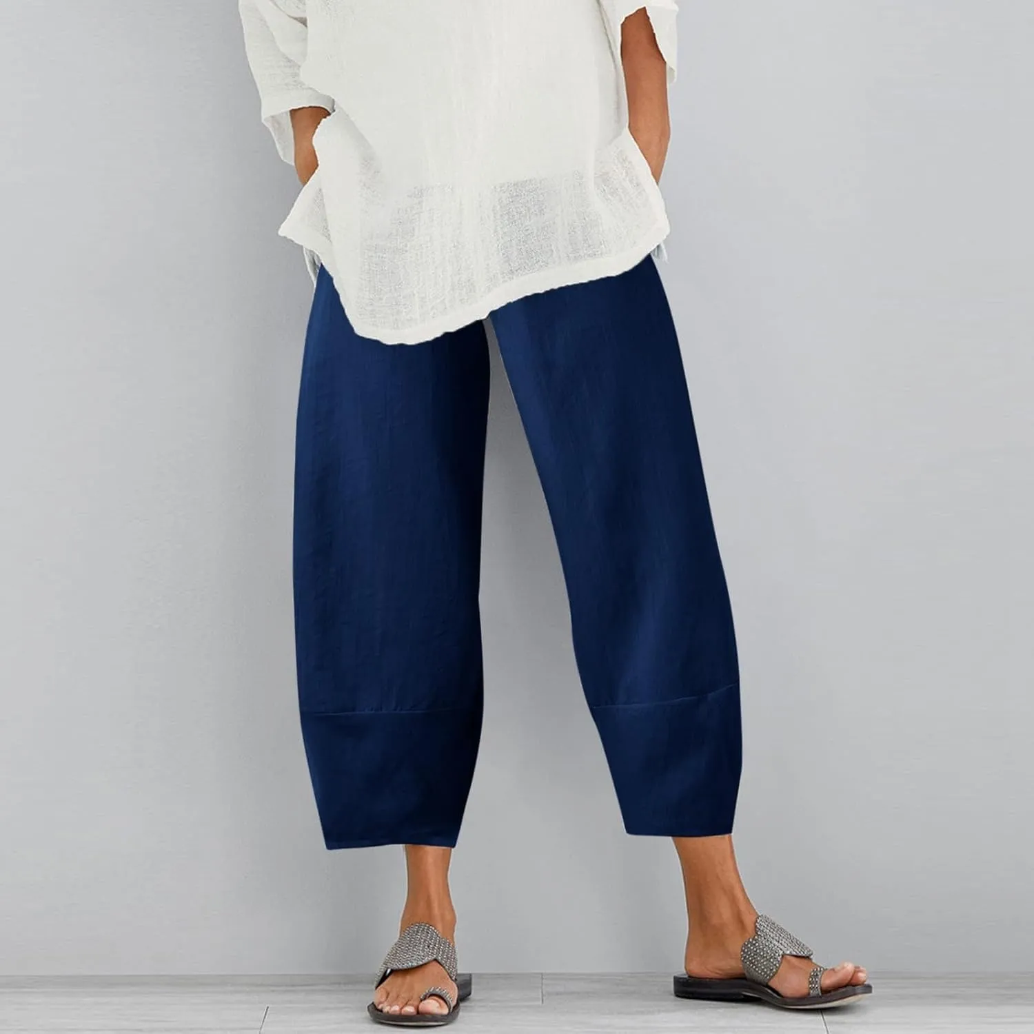 Cotton Linen Pants for Women Summer 2025 Casual Capri Pants with Pockets Cropped High Waisted Loose Fit Trousers