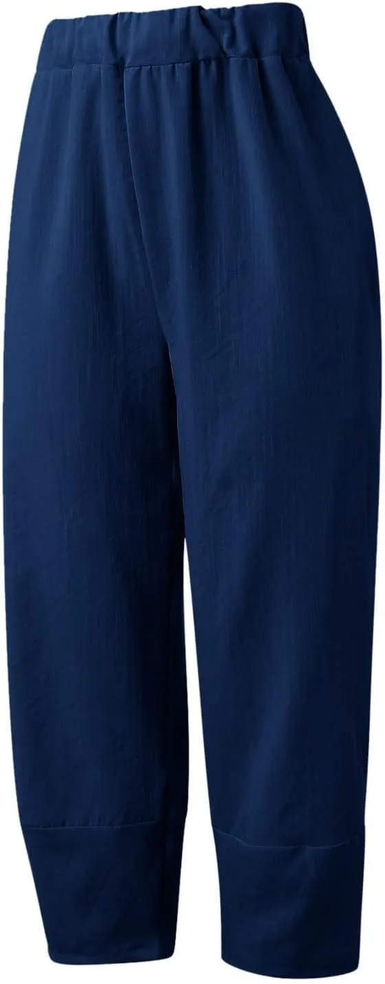 Cotton Linen Pants for Women Summer 2025 Casual Capri Pants with Pockets Cropped High Waisted Loose Fit Trousers
