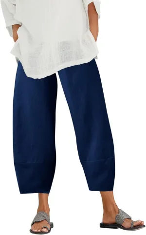 Cotton Linen Pants for Women Summer 2025 Casual Capri Pants with Pockets Cropped High Waisted Loose Fit Trousers