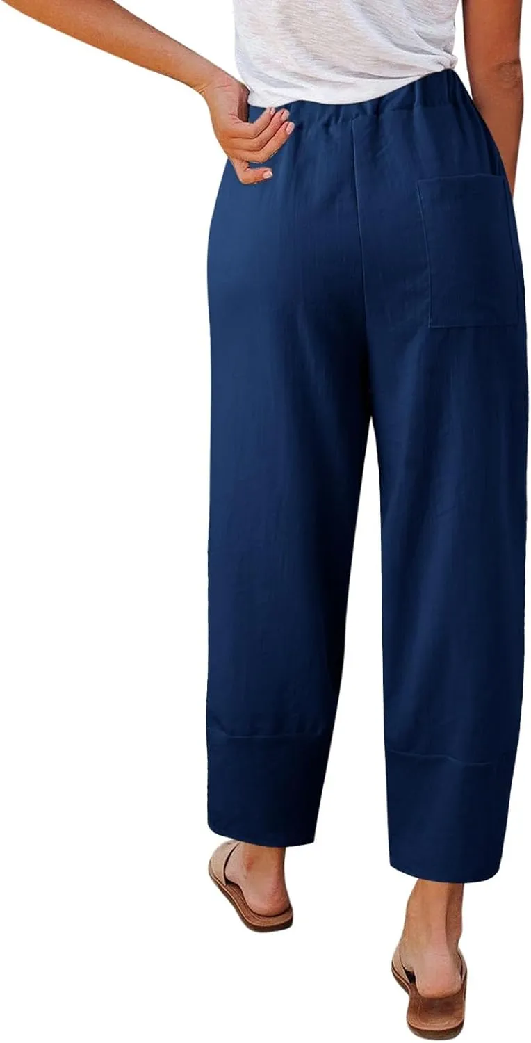 Cotton Linen Pants for Women Summer 2025 Casual Capri Pants with Pockets Cropped High Waisted Loose Fit Trousers