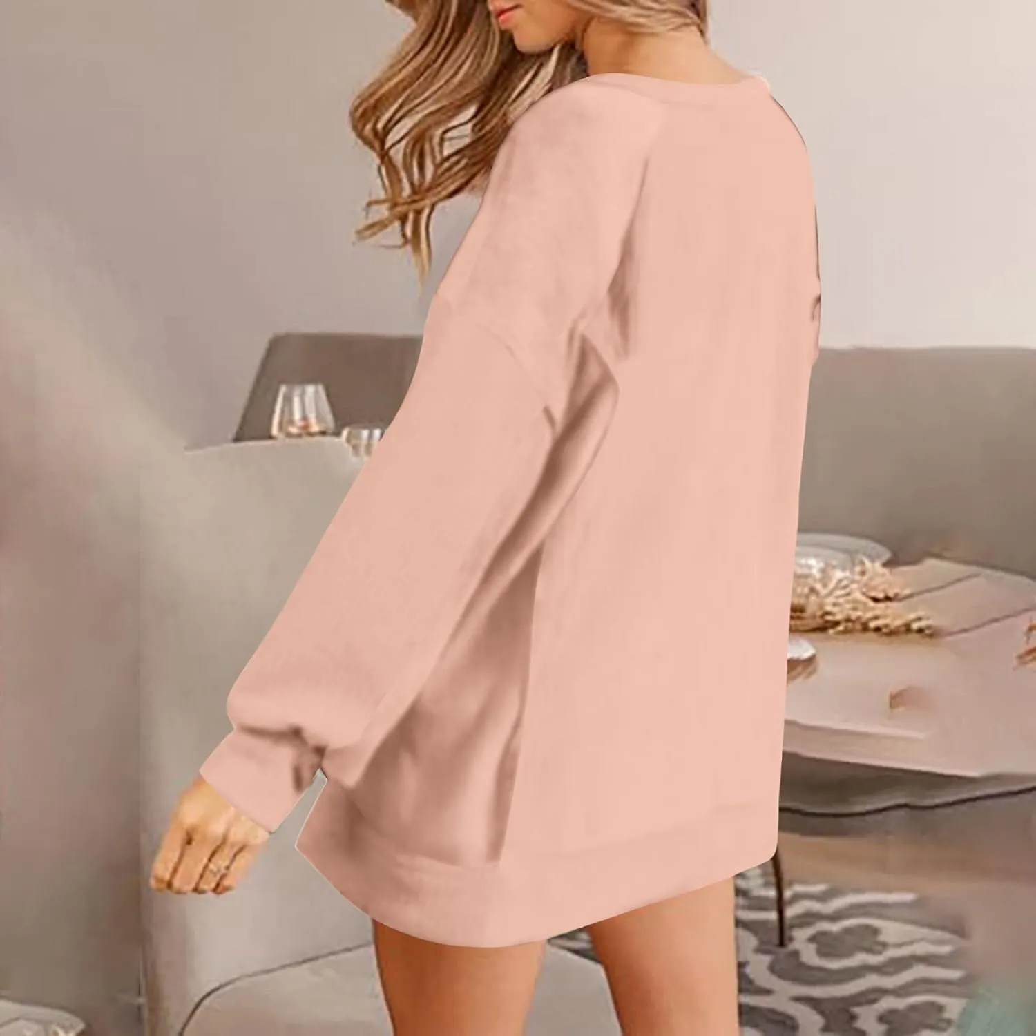 Crewneck Sweatshirt Women 2024 Fall New Solid Long Sleeve Tops Casual Oversize Wide Hem Drop Shoulder Pullover