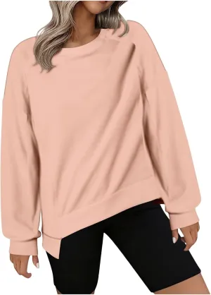 Crewneck Sweatshirt Women 2024 Fall New Solid Long Sleeve Tops Casual Oversize Wide Hem Drop Shoulder Pullover