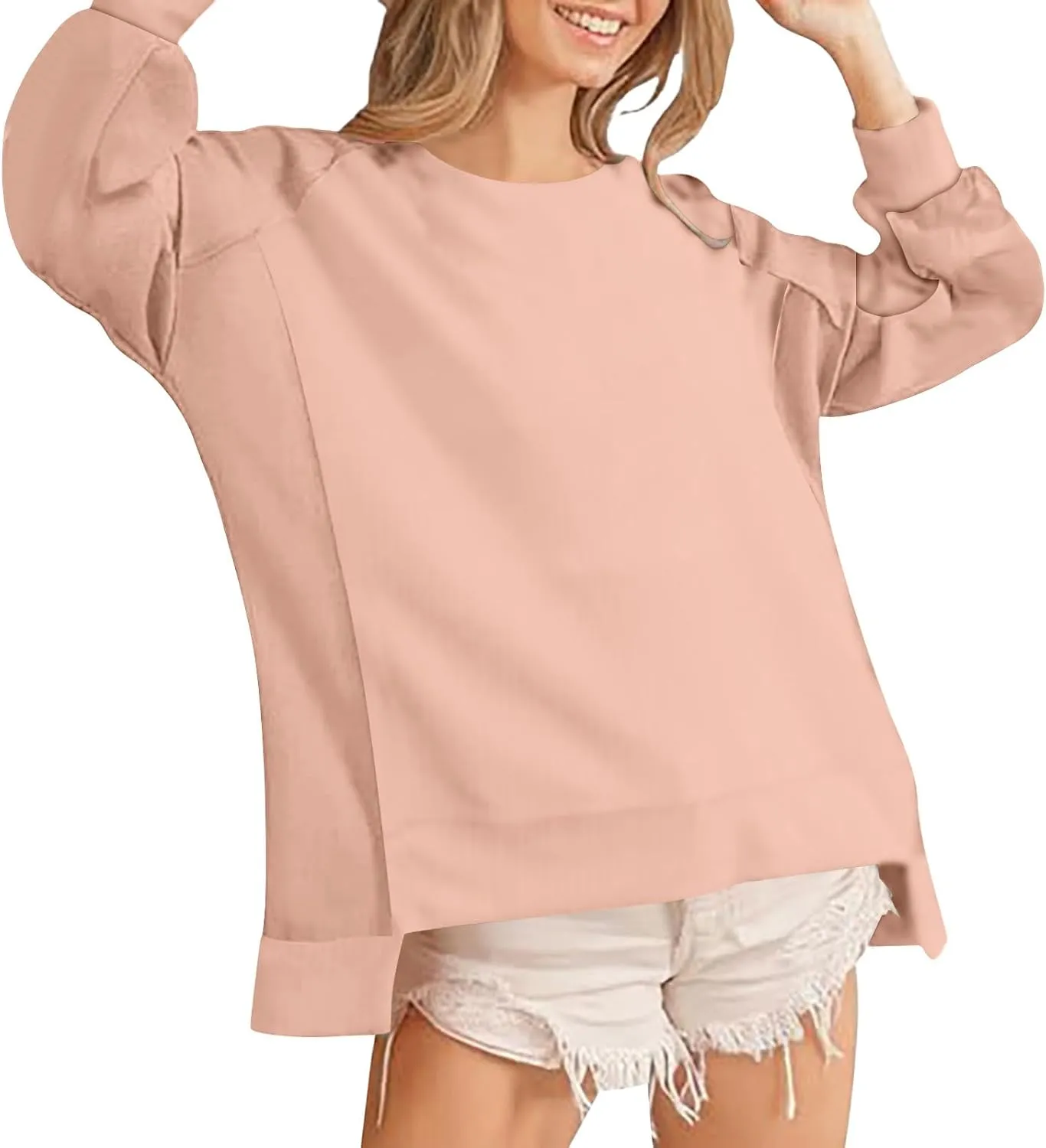 Crewneck Sweatshirt Women 2024 Fall New Solid Long Sleeve Tops Casual Oversize Wide Hem Drop Shoulder Pullover