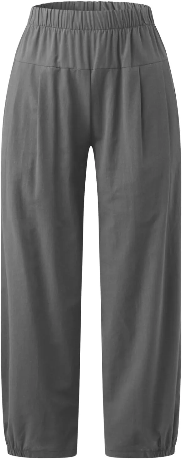 Cropped Linen Pants for Women Casual Loose Fit Elastic Waist Wide Led Summer Pants Straight Leg Lounge Trousers