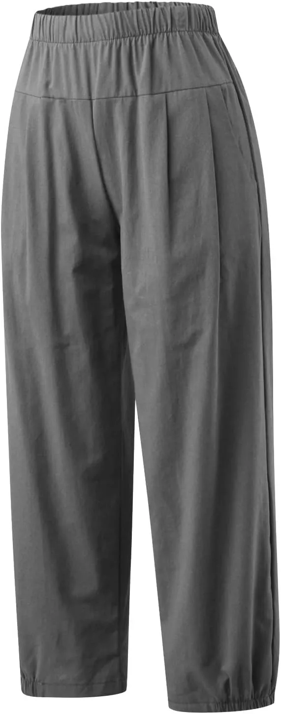 Cropped Linen Pants for Women Casual Loose Fit Elastic Waist Wide Led Summer Pants Straight Leg Lounge Trousers