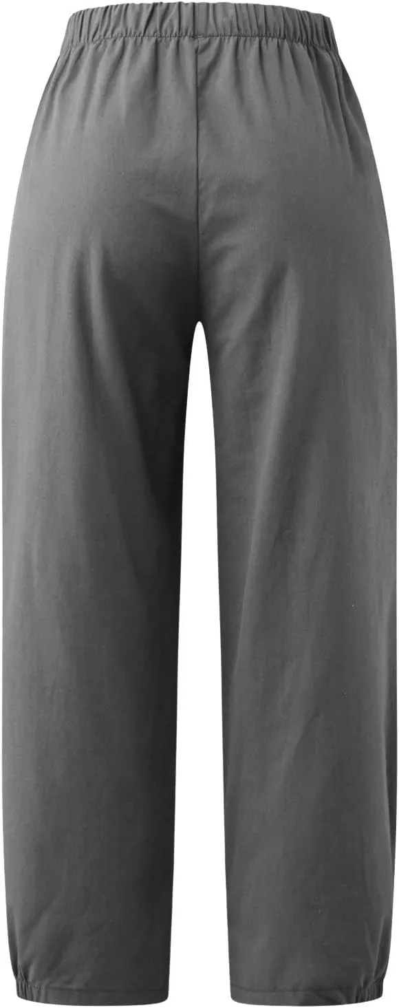 Cropped Linen Pants for Women Casual Loose Fit Elastic Waist Wide Led Summer Pants Straight Leg Lounge Trousers