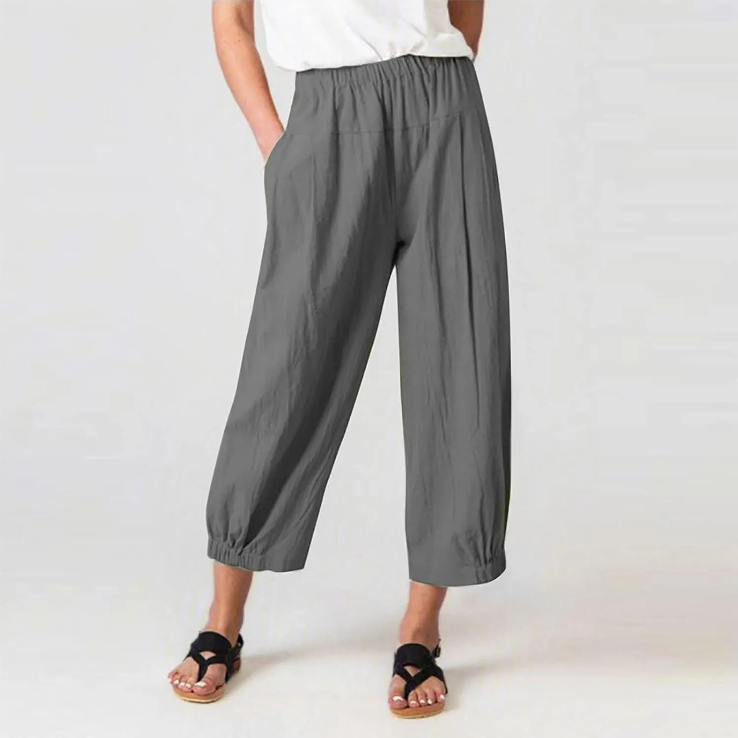 Cropped Linen Pants for Women Casual Loose Fit Elastic Waist Wide Led Summer Pants Straight Leg Lounge Trousers