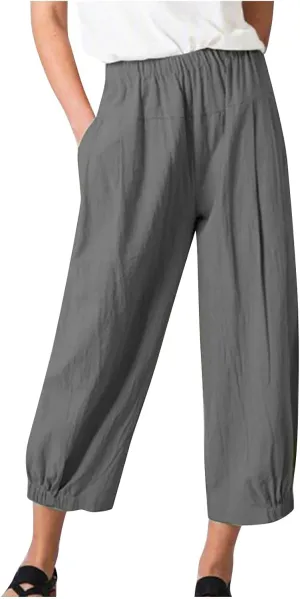 Cropped Linen Pants for Women Casual Loose Fit Elastic Waist Wide Led Summer Pants Straight Leg Lounge Trousers