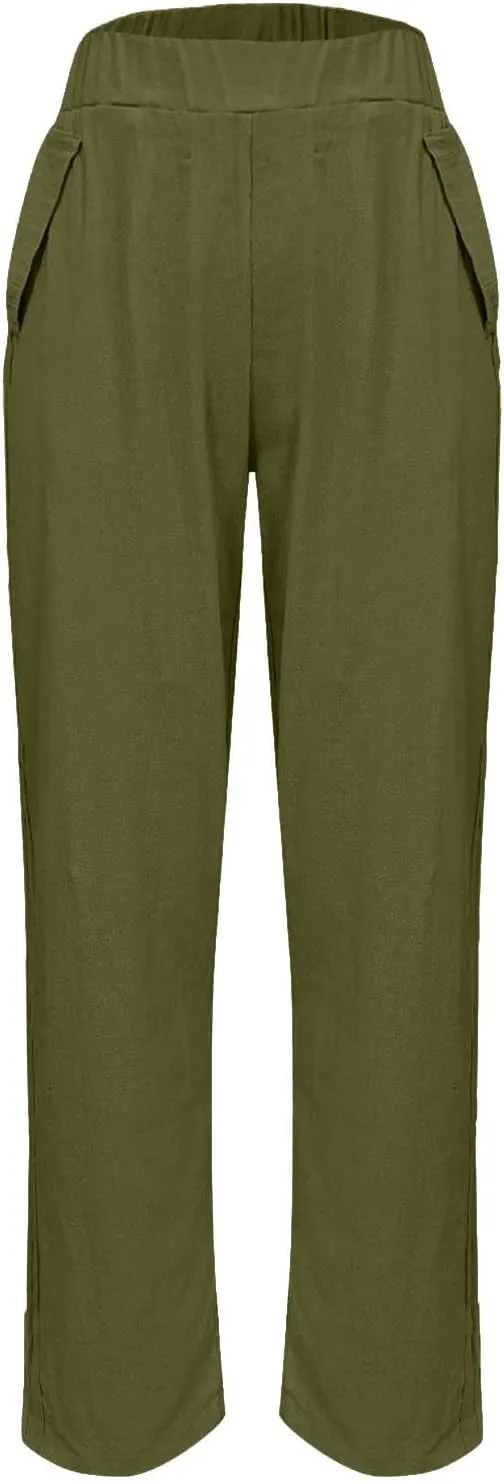 Cropped Linen Pants Women's Summer Elastic Waist Straight Leg Plus Size Crop Pants Casual Beach Trousers with Pockets